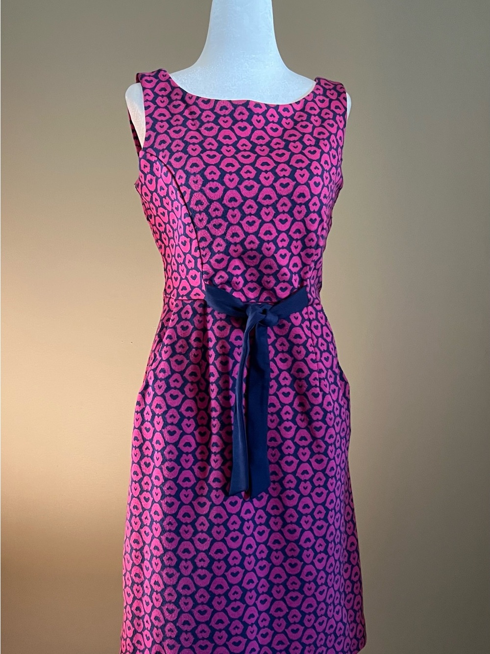 Lilly Pulitzer Pink Patterned Midi Dress‎ with Navy Waist Tie